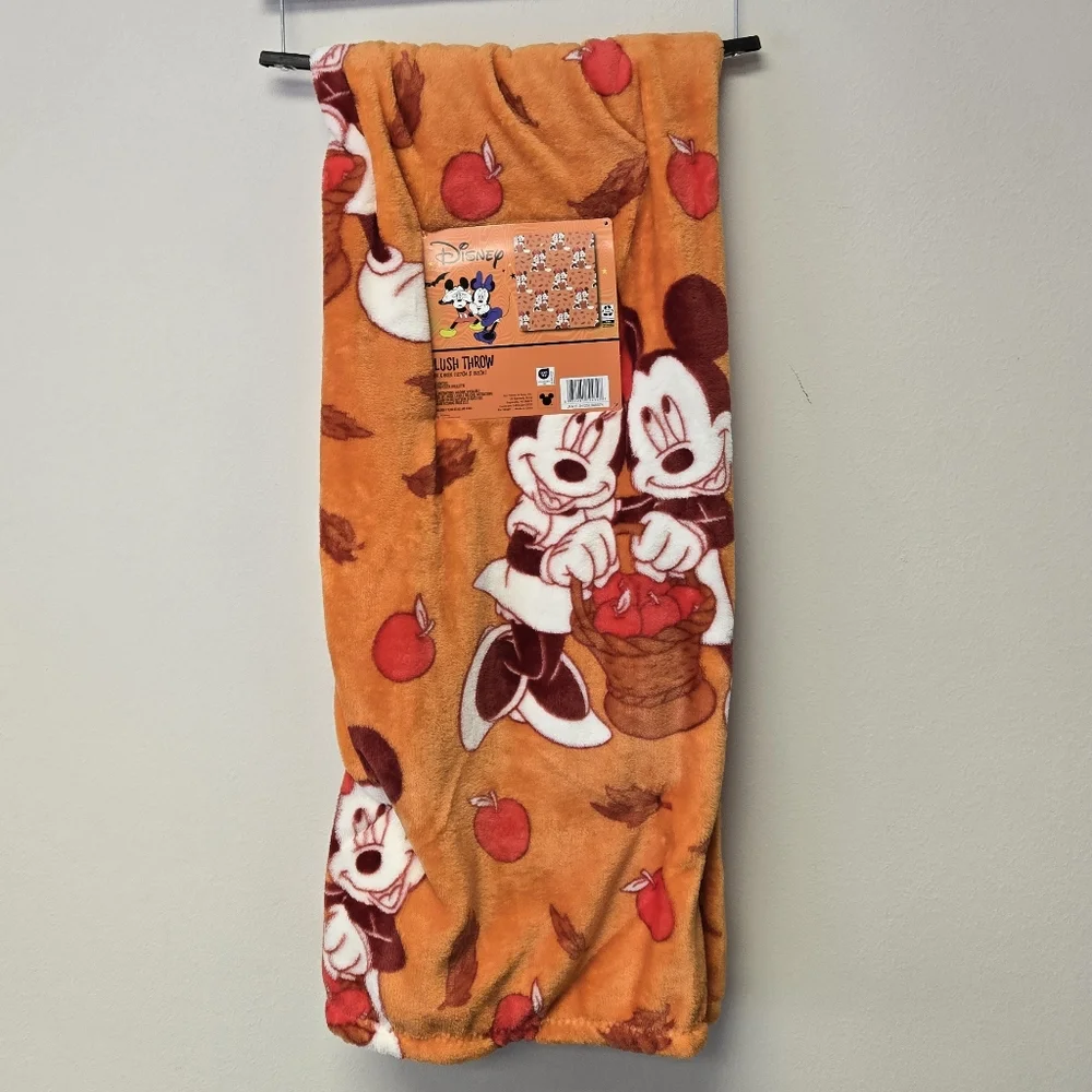 Disney Mickey Mouse Minnie Fall Leaves and Apples Plush Throw Blanket Orange